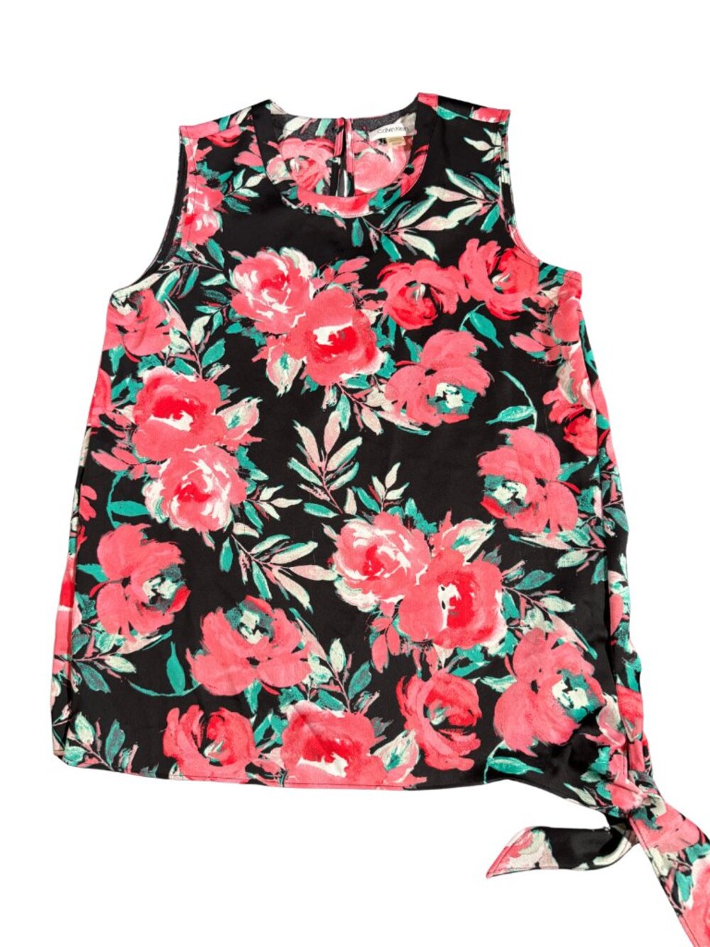 Calvin Klein Black Pink Floral Sleeveless Blouse Women's Small Tie Hem